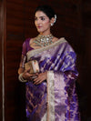 Banarasee Handwoven Tissue Saree With Zari Jaal Design Border & Lace-Purple
