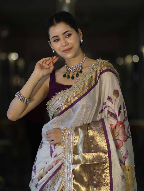Banarasee Tissue Hand Embroidered Mirror Work Saree With Digital Prints & Lace-Cream & Purple