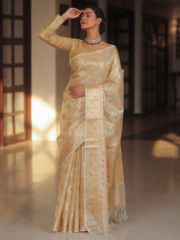 Banarasee Handwoven Kota Check Tissue Saree With Meena Design & Zari Broder-Gold