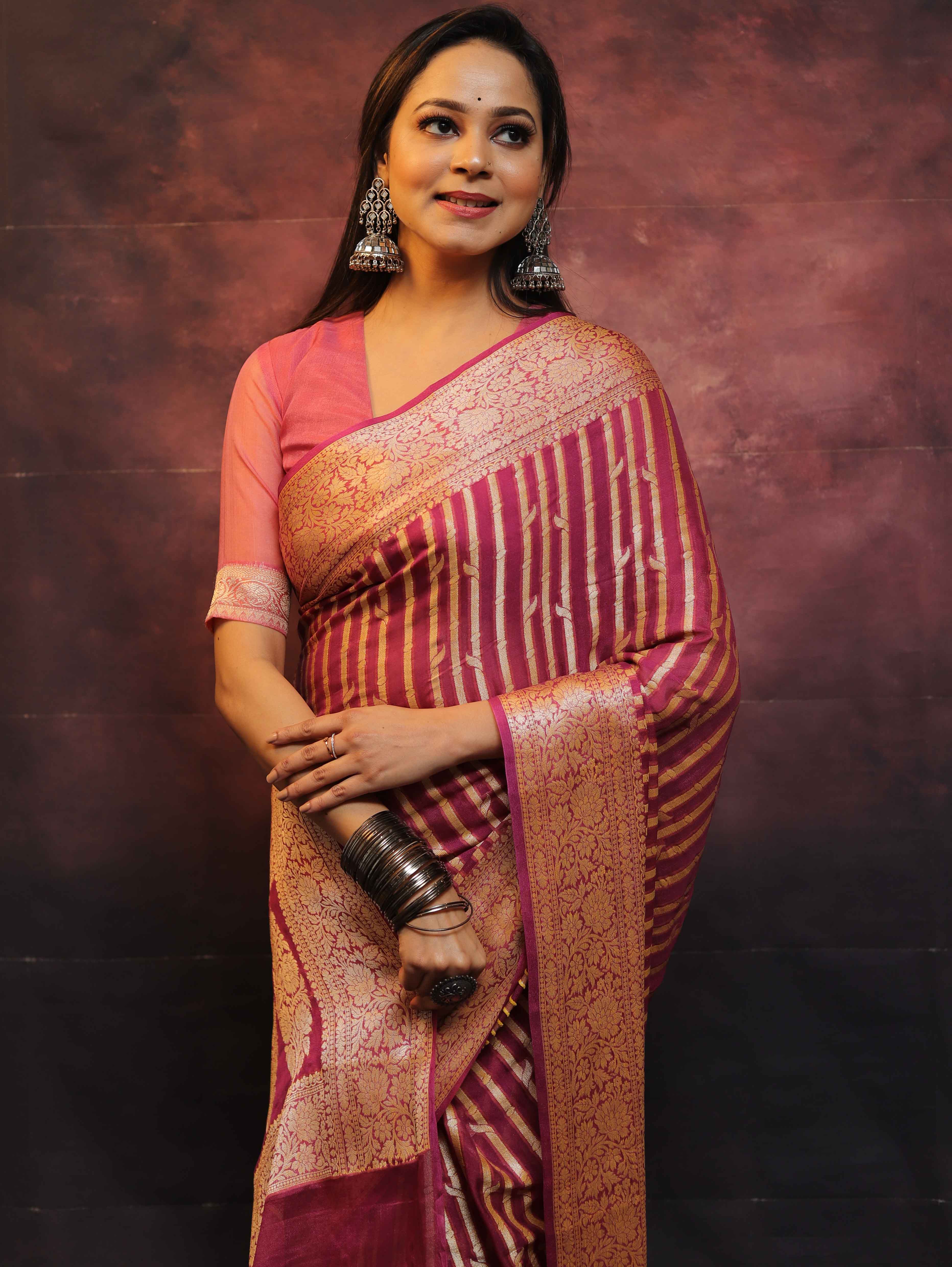 Banarasee Pure Chiffon Saree With Zari Work-Onion Pink