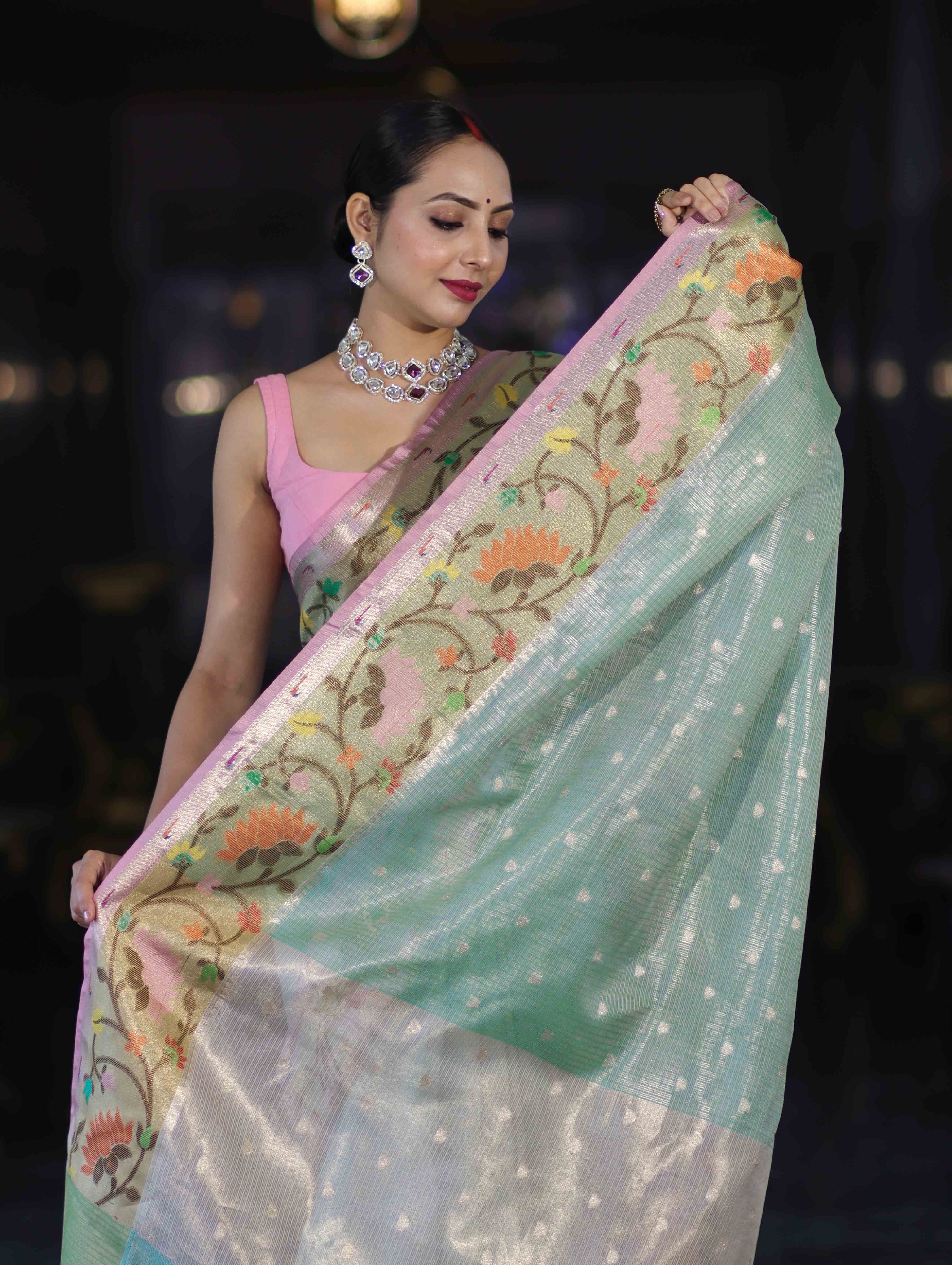 Banarasee Kota Checks Tissue Saree With Zari & Thread Embroidery & Contrast Border-Mint Green & Light Pink