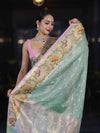 Banarasee Kota Checks Tissue Saree With Zari & Thread Embroidery & Contrast Border-Mint Green & Light Pink