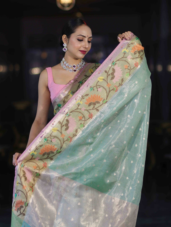Banarasee Kota Checks Tissue Saree With Zari & Thread Embroidery & Contrast Border-Mint Green & Light Pink