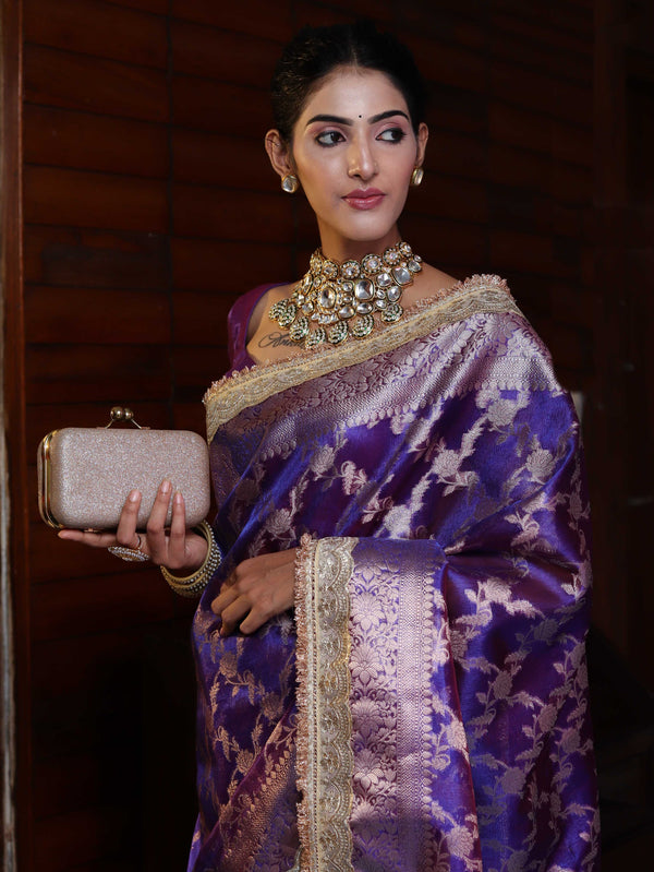 Banarasee Handwoven Tissue Saree With Zari Jaal Design Border & Lace-Purple