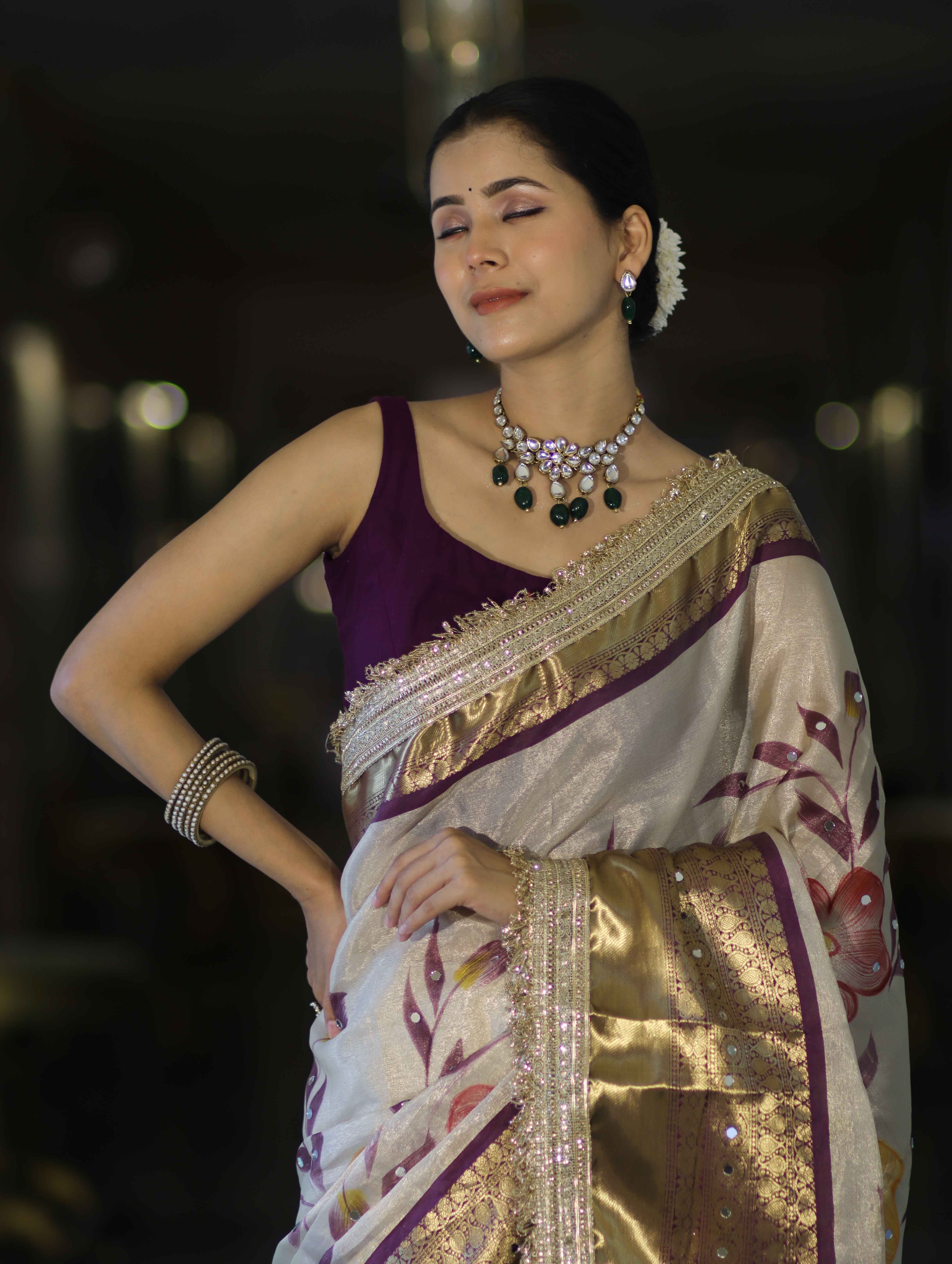 Banarasee Tissue Hand Embroidered Mirror Work Saree With Digital Prints & Lace-Cream & Purple