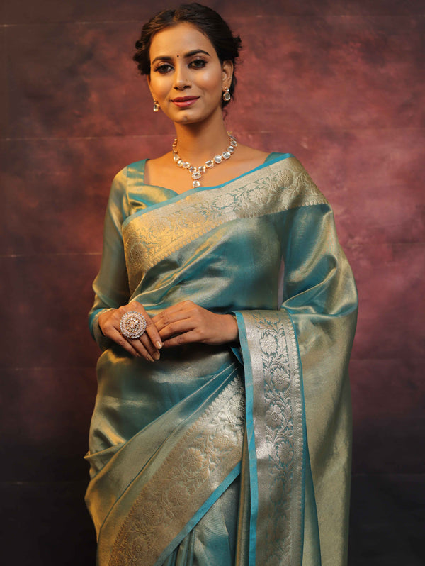 Banarasee Handwoven Plain Tissue Zari Border Saree-Blue