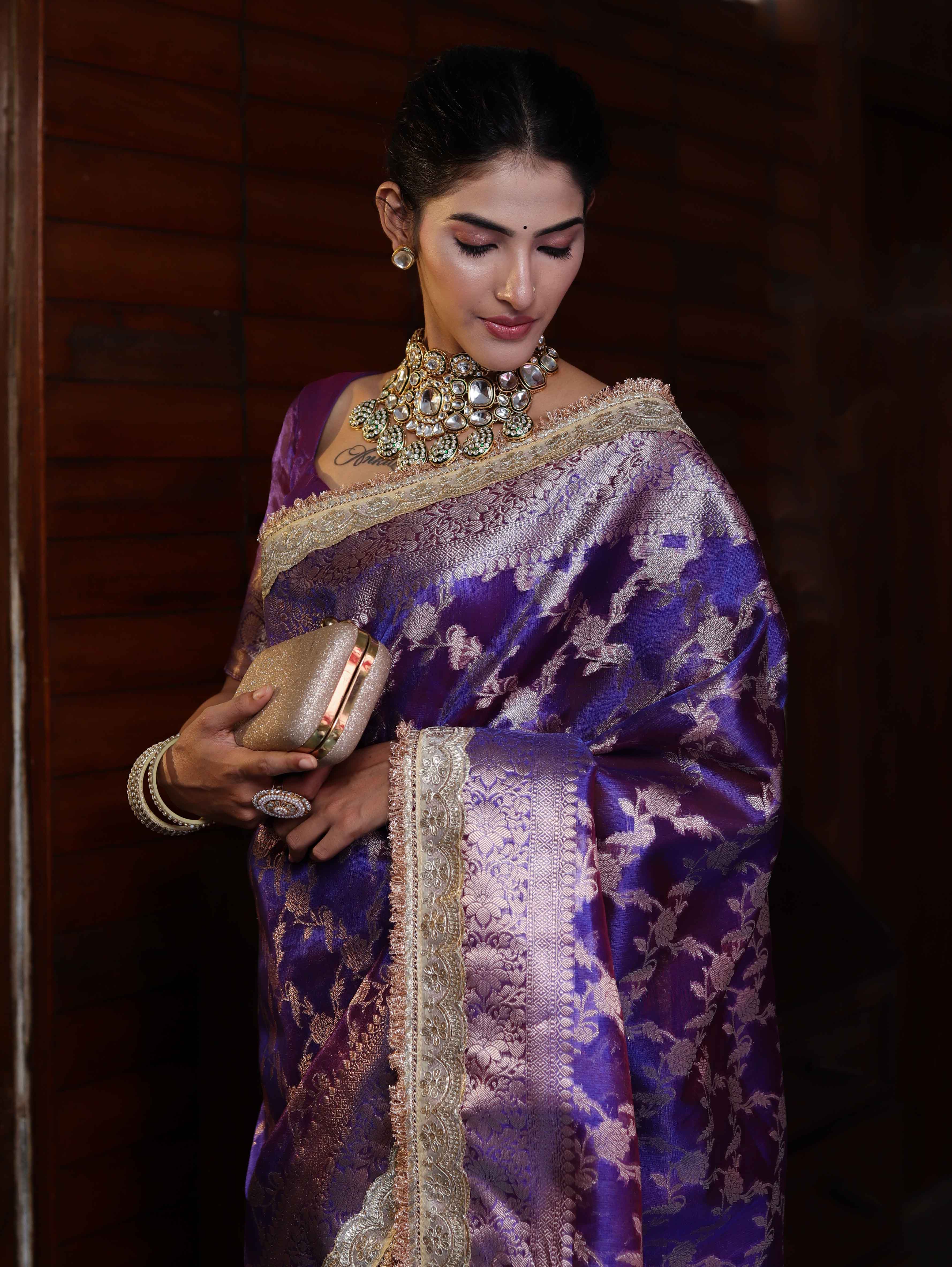 Banarasee Handwoven Tissue Saree With Zari Jaal Design Border & Lace-Purple
