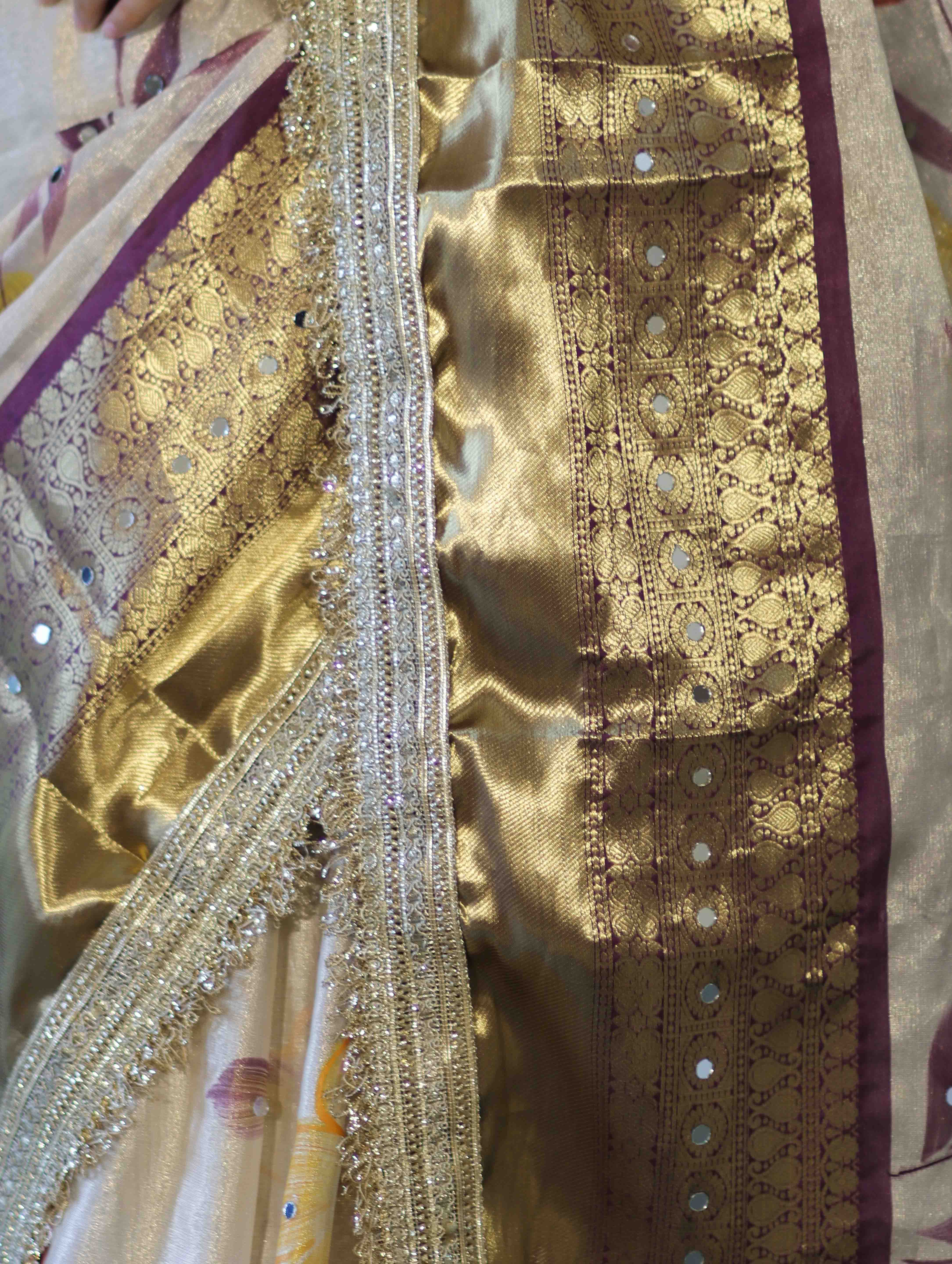 Banarasee Tissue Hand Embroidered Mirror Work Saree With Digital Prints & Lace-Cream & Purple