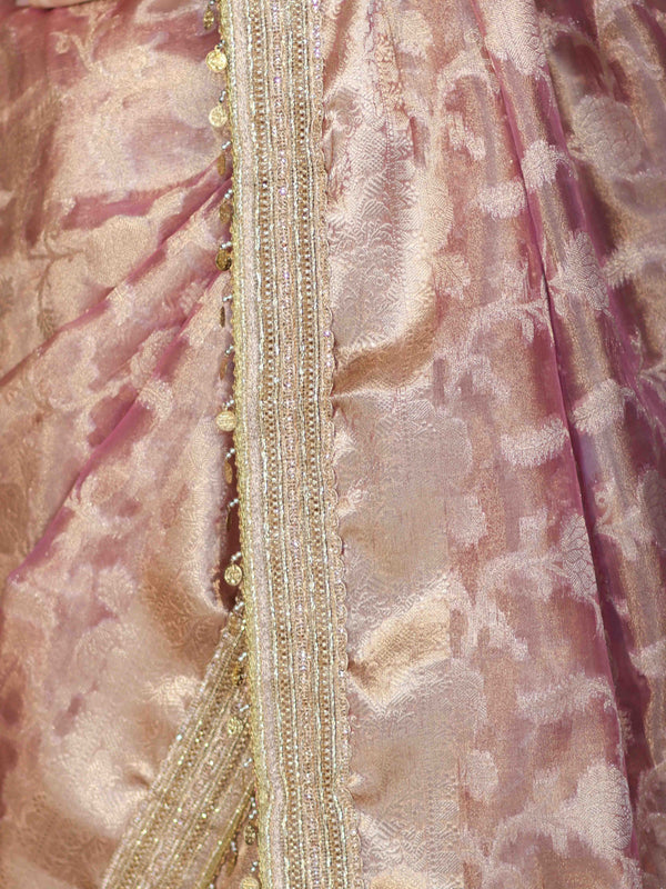 Banarasee Handwoven Tissue Saree With Zari Jaal Work Border & Lace-Onion Pink