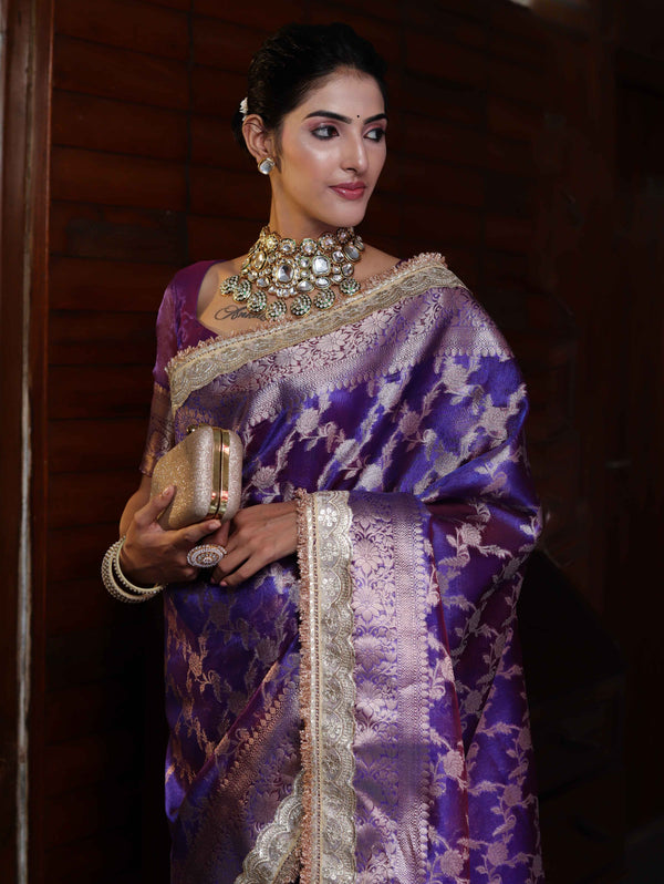 Banarasee Handwoven Tissue Saree With Zari Jaal Design Border & Lace-Purple