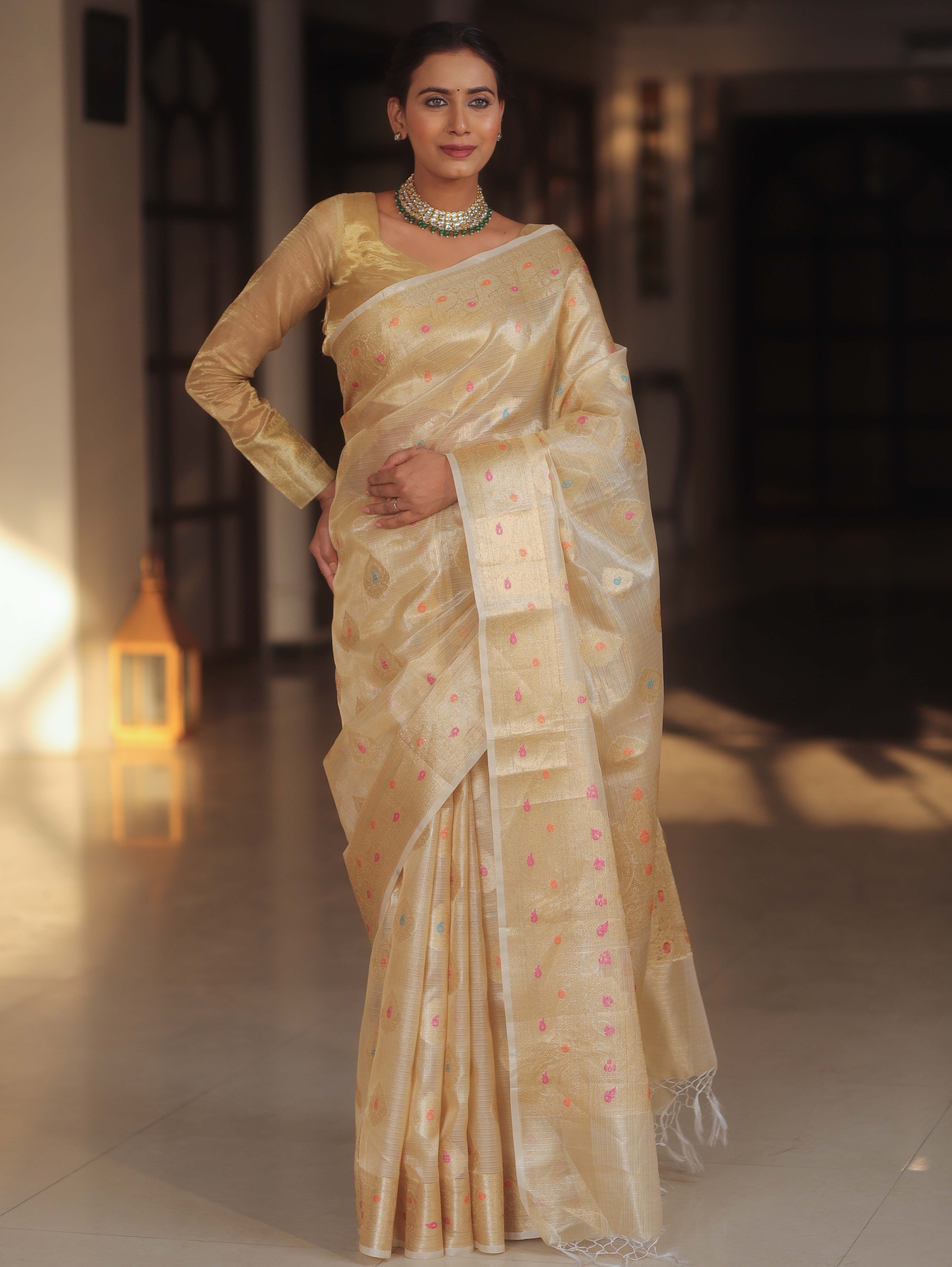 Banarasee Handwoven Kota Check Tissue Saree With Meena Design & Zari Broder-Gold