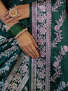 Banarasee Handloom Mashru Silk Saree With Zari Work & Floral Border-Deep Green