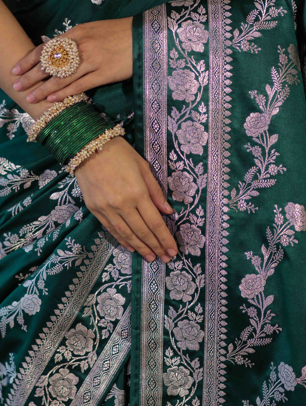 Banarasee Handloom Mashru Silk Saree With Zari Work & Floral Border-Deep Green