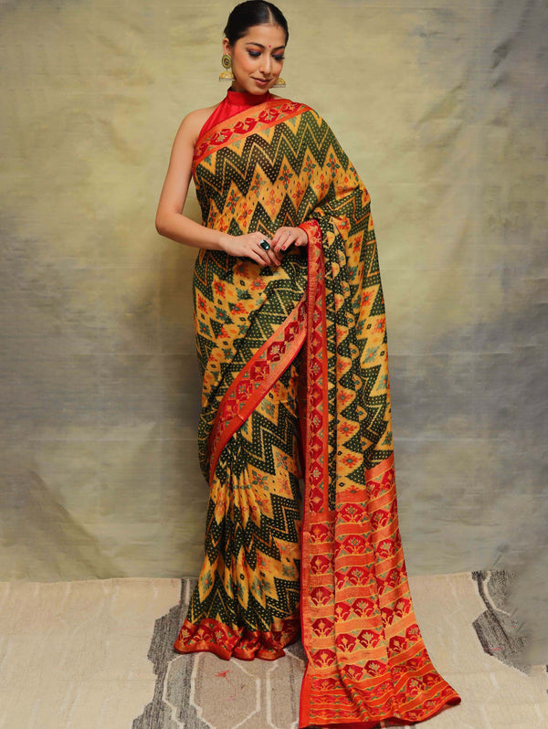 Banarasee Brasso Silk Jaal Saree With Contrast Embroidered Blouse-Yellow & Red