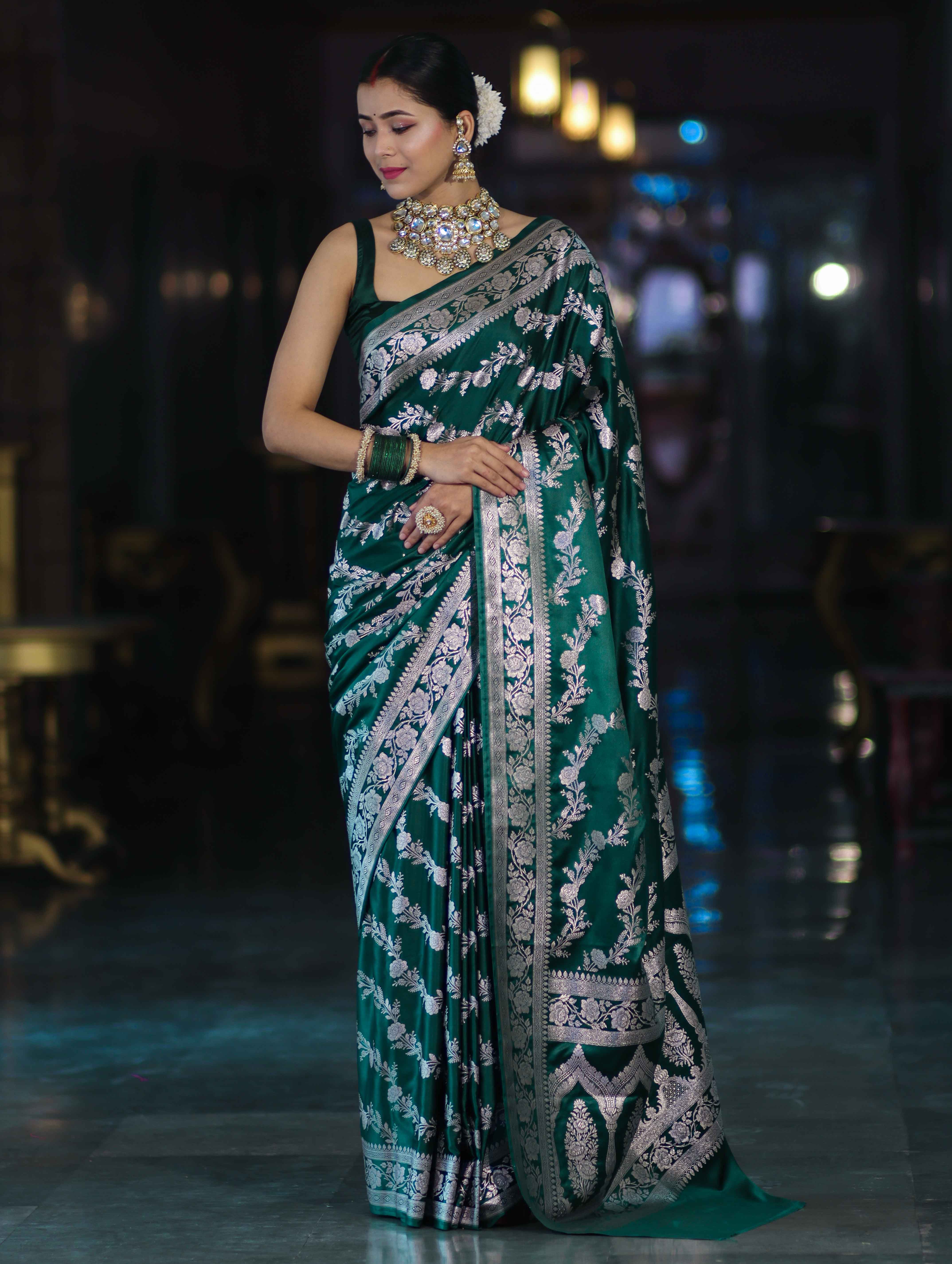 Banarasee Handloom Mashru Silk Saree With Zari Work & Floral Border-Deep Green