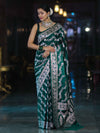 Banarasee Handloom Mashru Silk Saree With Zari Work & Floral Border-Deep Green