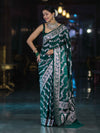 Banarasee Handloom Mashru Silk Saree With Zari Work & Floral Border-Deep Green