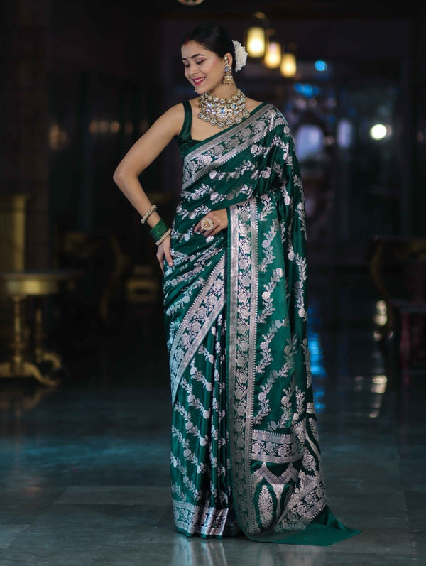 Banarasee Handloom Mashru Silk Saree With Zari Work & Floral Border-Deep Green