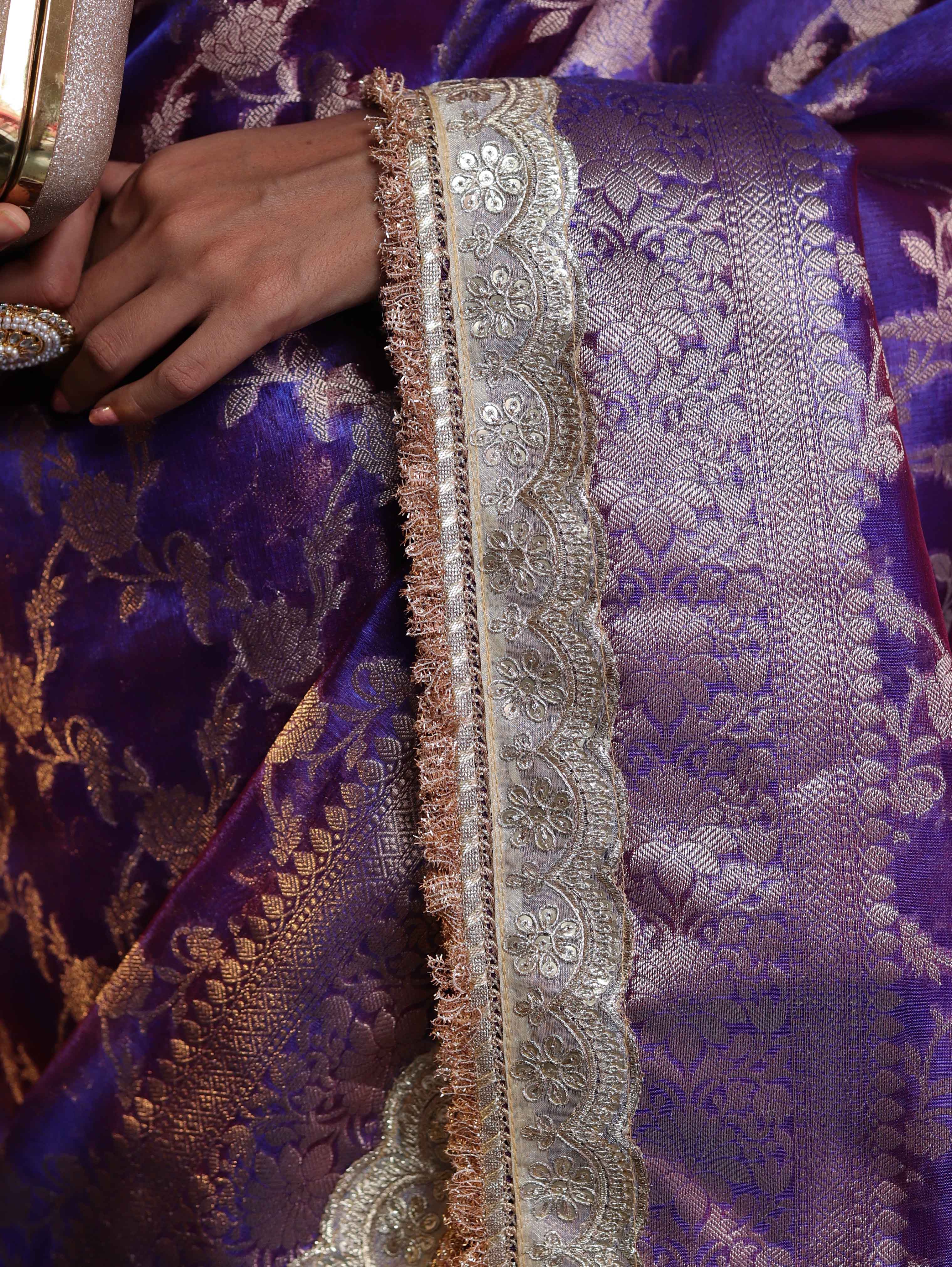 Banarasee Handwoven Tissue Saree With Zari Jaal Design Border & Lace-Purple