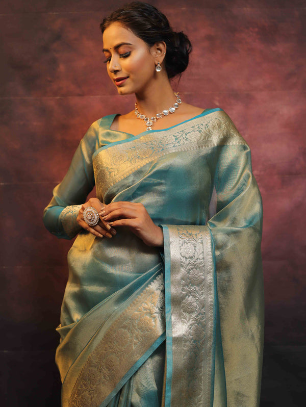 Banarasee Handwoven Plain Tissue Zari Border Saree-Blue