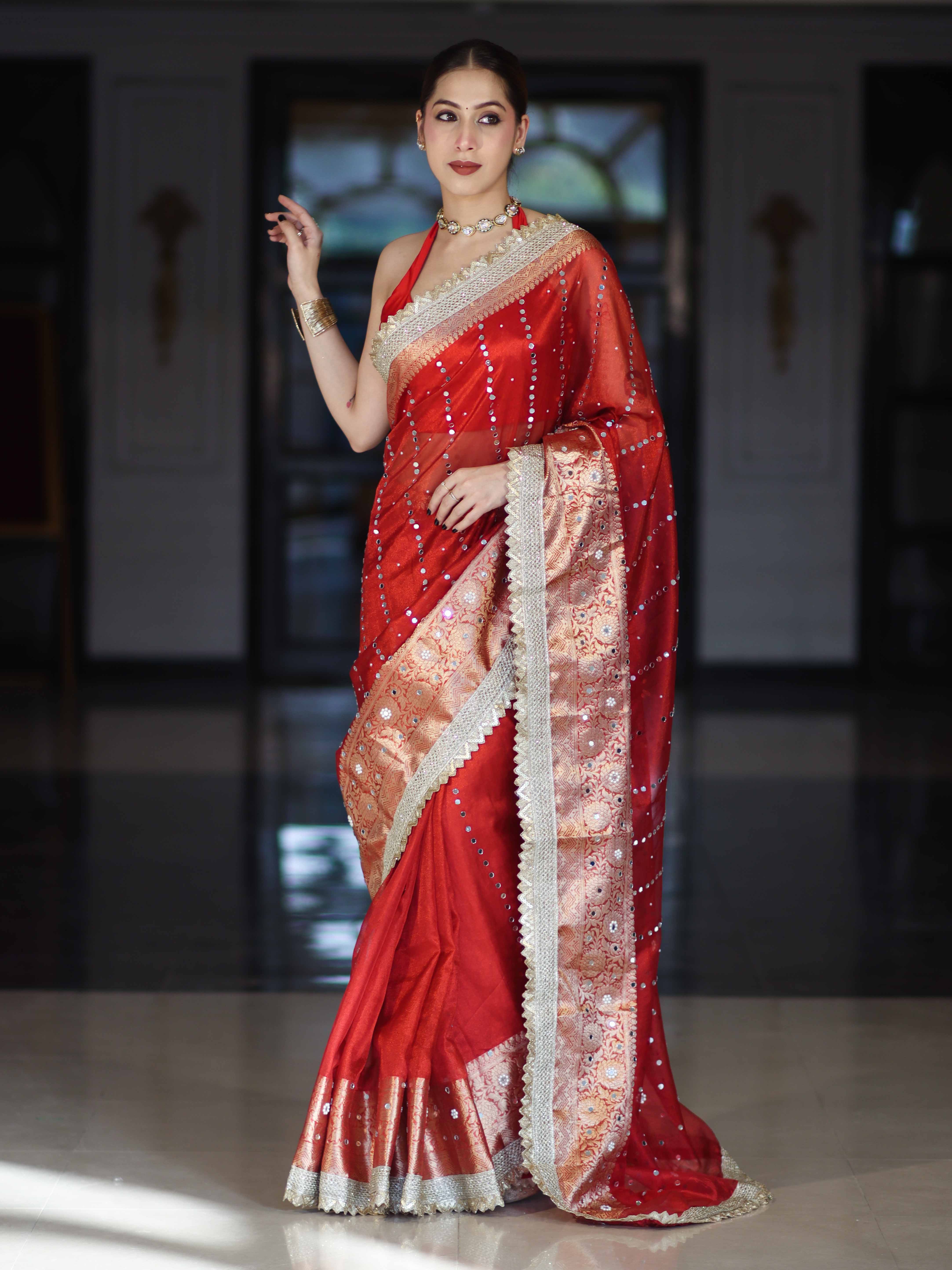 Banarasee Handloom Tissue Saree With Hand Embroidered Mirror Work Pearl Motifs & Lace Border-Red