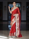 Banarasee Handloom Tissue Saree With Hand Embroidered Mirror Work Pearl Motifs & Lace Border-Red