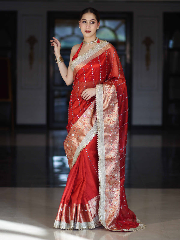 Banarasee Handloom Tissue Saree With Hand Embroidered Mirror Work Pearl Motifs & Lace Border-Red