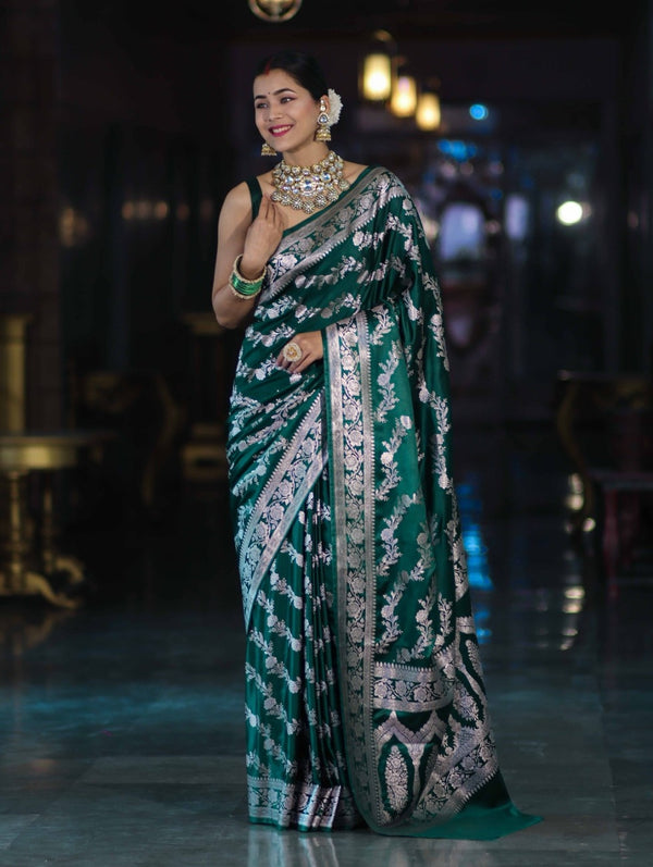 Banarasee Handloom Mashru Silk Saree With Zari Work & Floral Border-Deep Green
