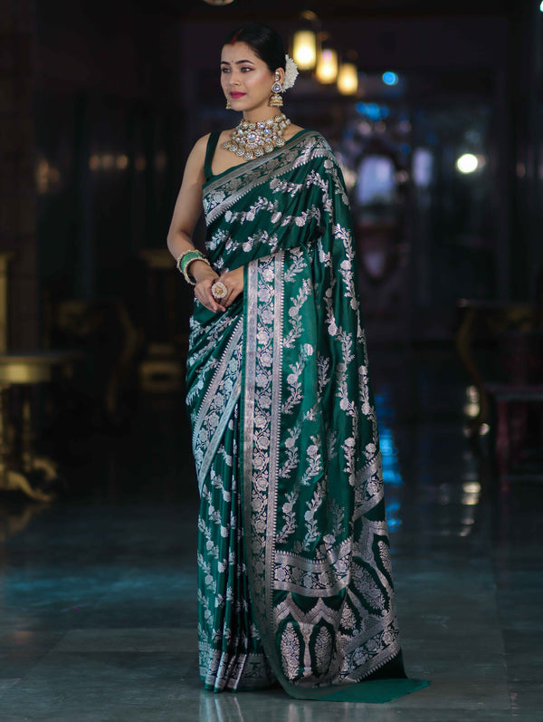 Banarasee Handloom Mashru Silk Saree With Zari Work & Floral Border-Deep Green
