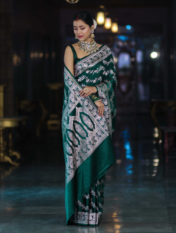 Banarasee Handloom Mashru Silk Saree With Zari Work & Floral Border-Deep Green