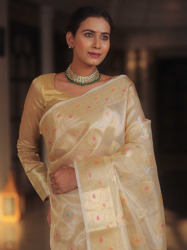 Banarasee Handwoven Kota Check Tissue Saree With Meena Design & Zari Broder-Gold
