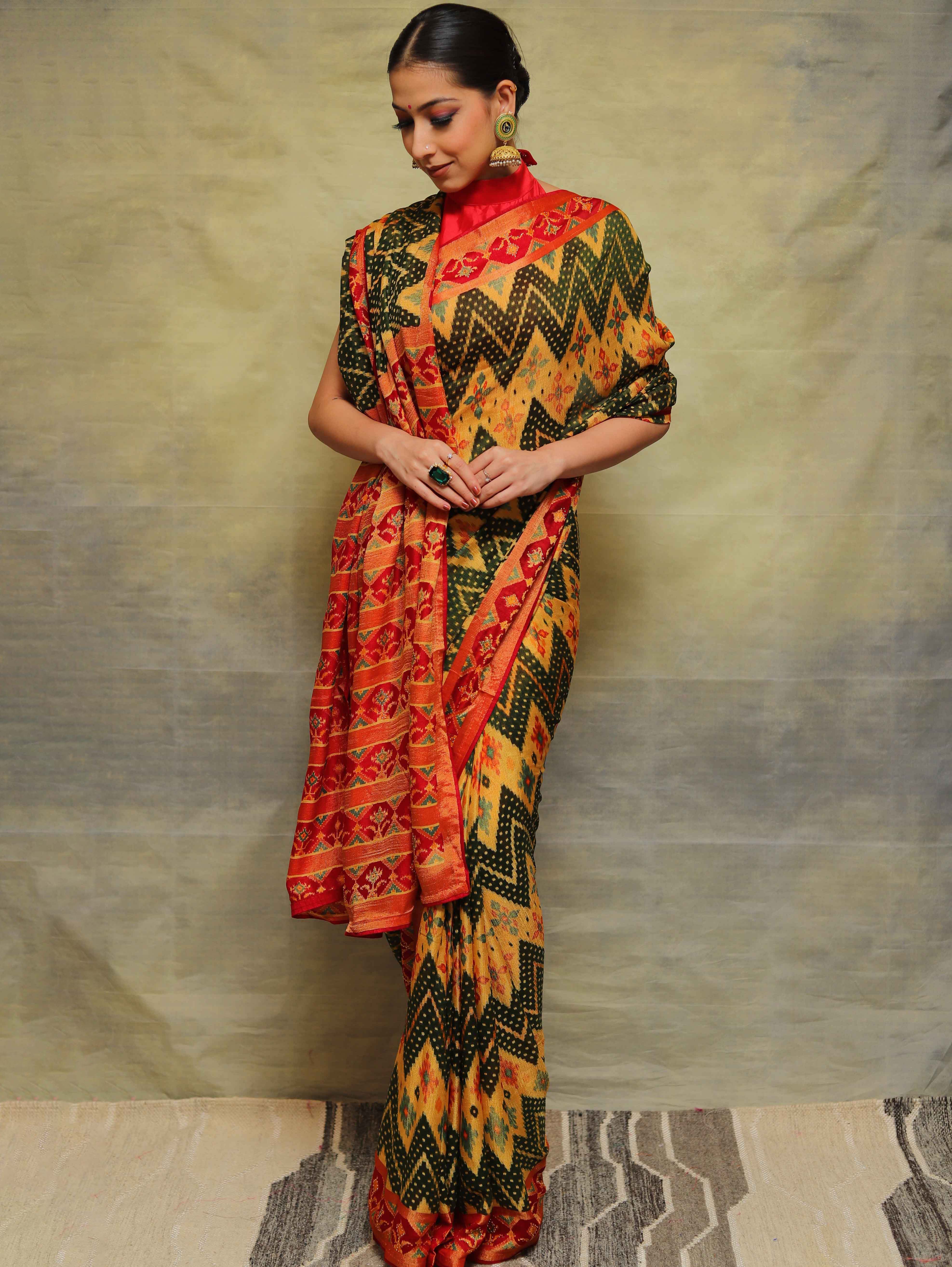 Banarasee Brasso Silk Jaal Saree With Contrast Embroidered Blouse-Yellow & Red