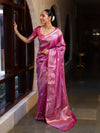 Banarasee Handwoven Tissue Saree With Sona Rupa Zari Buti Design-Deep Pink