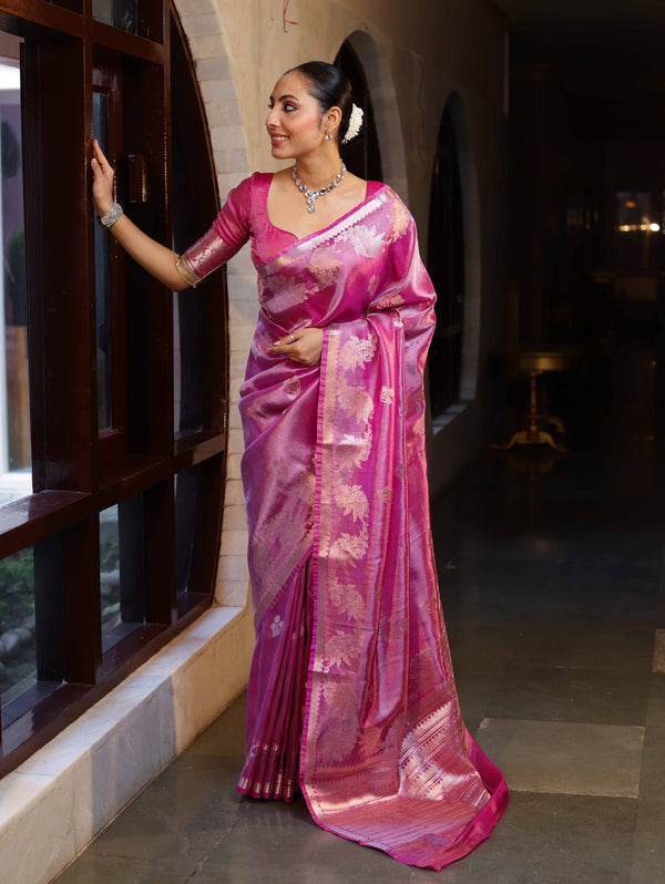 Banarasee Handwoven Tissue Saree With Sona Rupa Zari Buti Design-Deep Pink