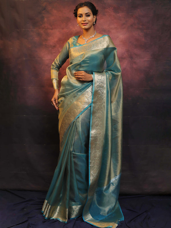 Banarasee Handwoven Plain Tissue Zari Border Saree-Blue