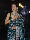 Banarasee Handloom Mashru Silk Saree With Zari Work & Floral Border-Deep Green