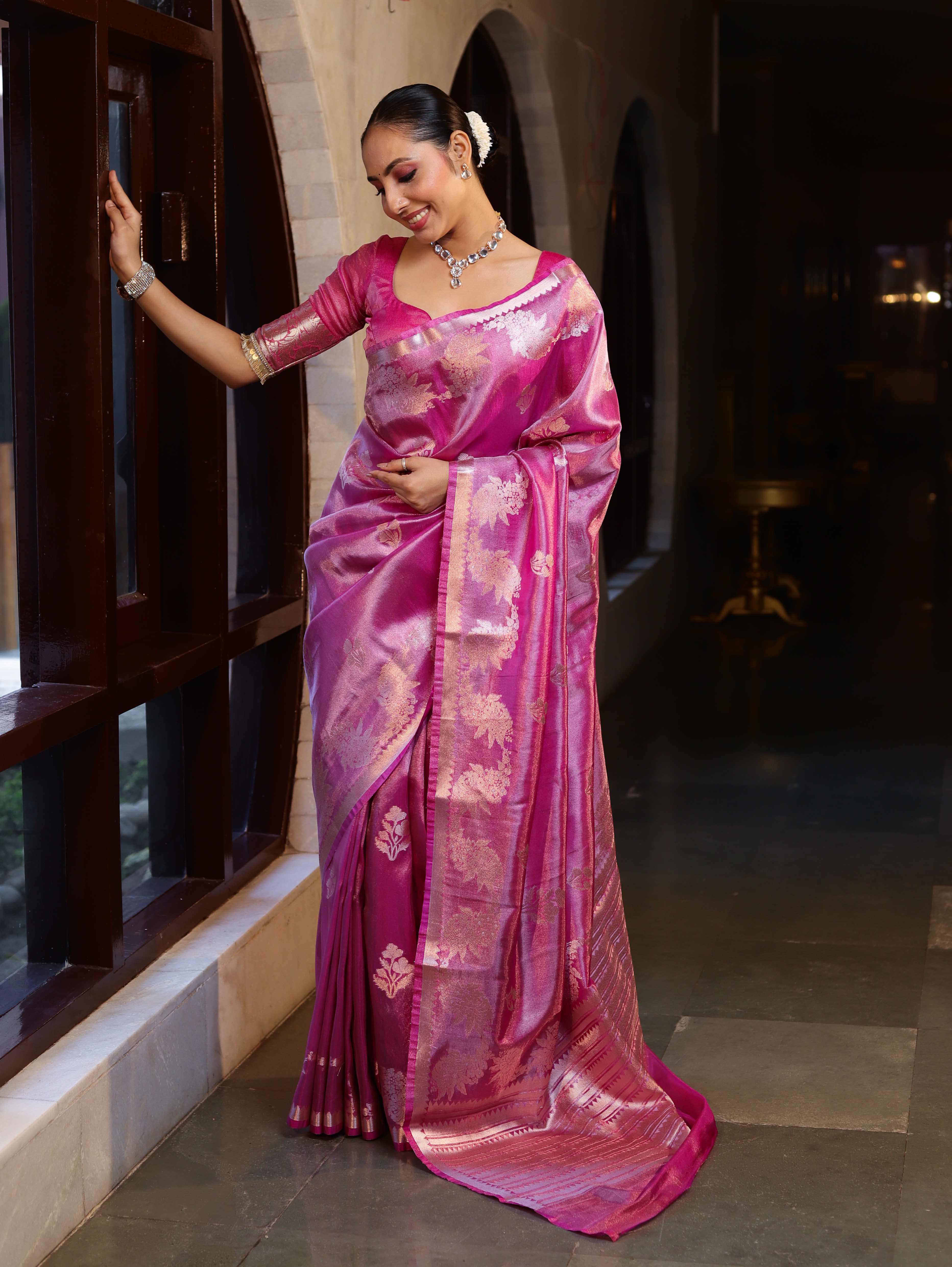 Banarasee Handwoven Tissue Saree With Sona Rupa Zari Buti Design-Deep Pink