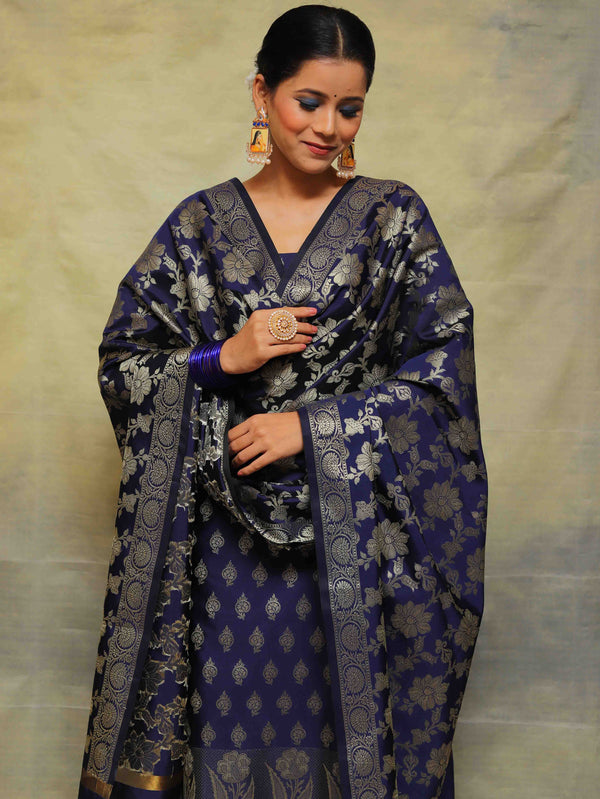 Banarasee Cotton Silk Salwar Kameez Fabric With Zari Work-Blue