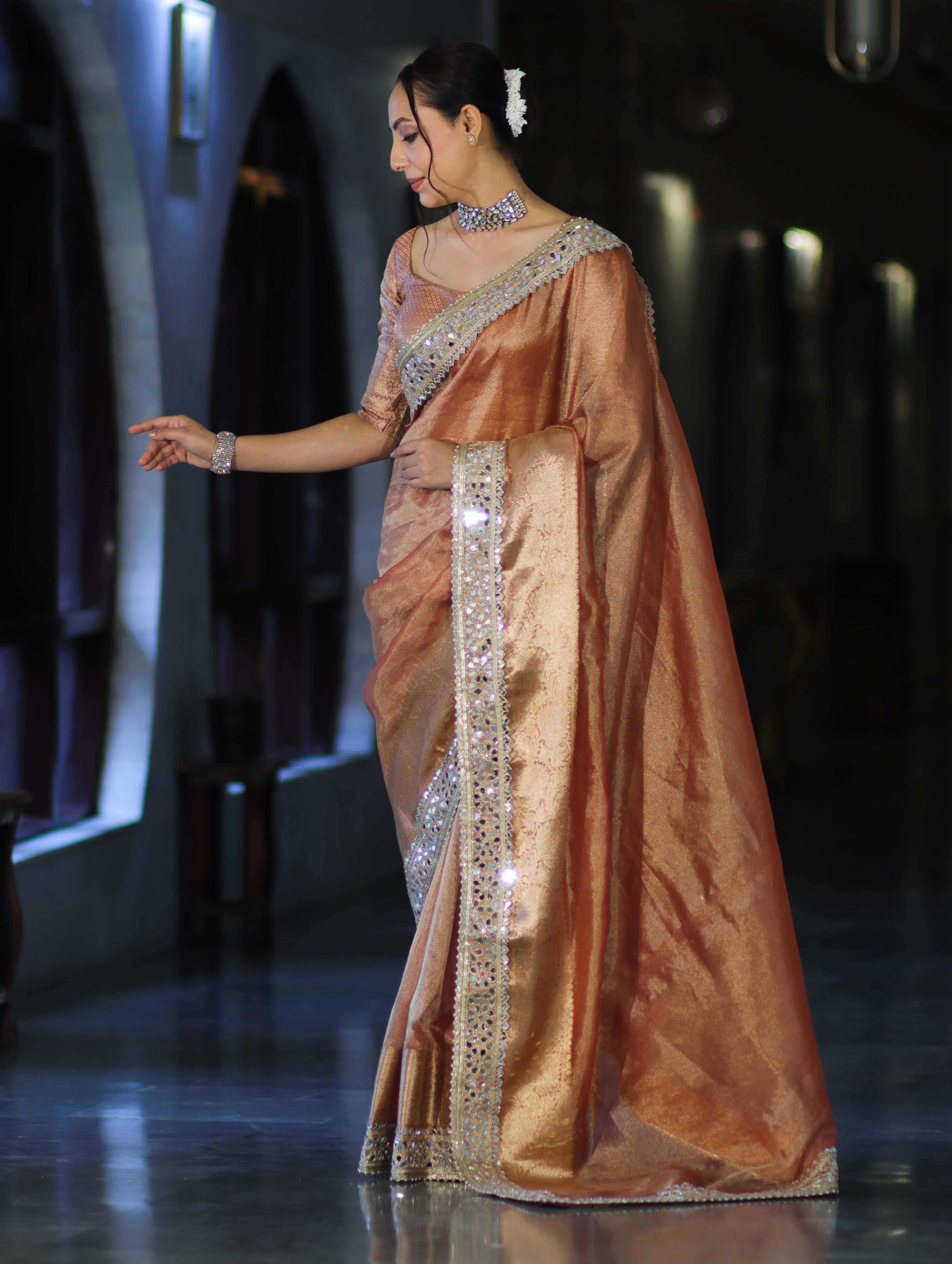 Banarasee Handwoven Tissue Saree With Floral Zari Border & Mirror Work Lace–Peach