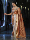 Banarasee Handwoven Tissue Saree With Floral Zari Border & Mirror Work Lace–Peach
