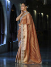 Banarasee Handwoven Tissue Saree With Floral Zari Border & Mirror Work Lace–Peach