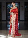 Banarasee Handloom Tissue Saree With Hand Embroidered Mirror Work Pearl Motifs & Lace Border-Red