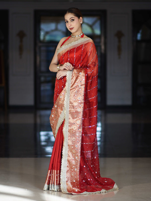 Banarasee Handloom Tissue Saree With Hand Embroidered Mirror Work Pearl Motifs & Lace Border-Red