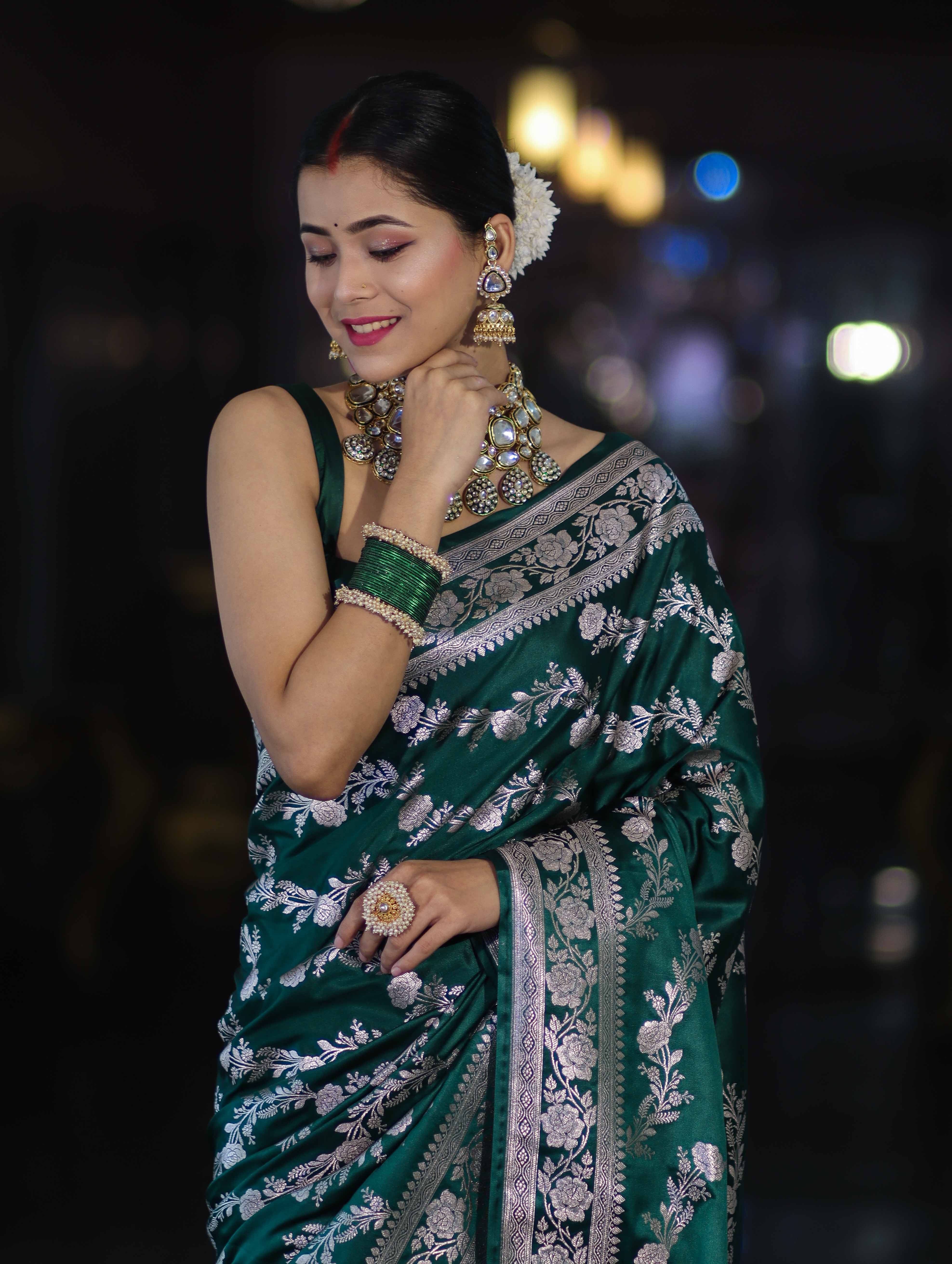 Banarasee Handloom Mashru Silk Saree With Zari Work & Floral Border-Deep Green