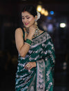 Banarasee Handloom Mashru Silk Saree With Zari Work & Floral Border-Deep Green