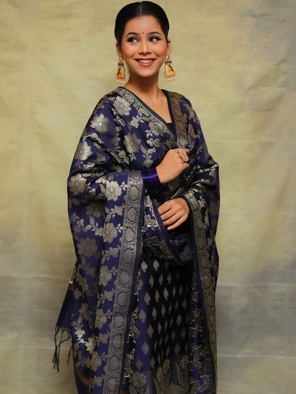 Banarasee Cotton Silk Salwar Kameez Fabric With Zari Work-Blue