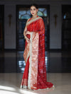Banarasee Handloom Tissue Saree With Hand Embroidered Mirror Work Pearl Motifs & Lace Border-Red
