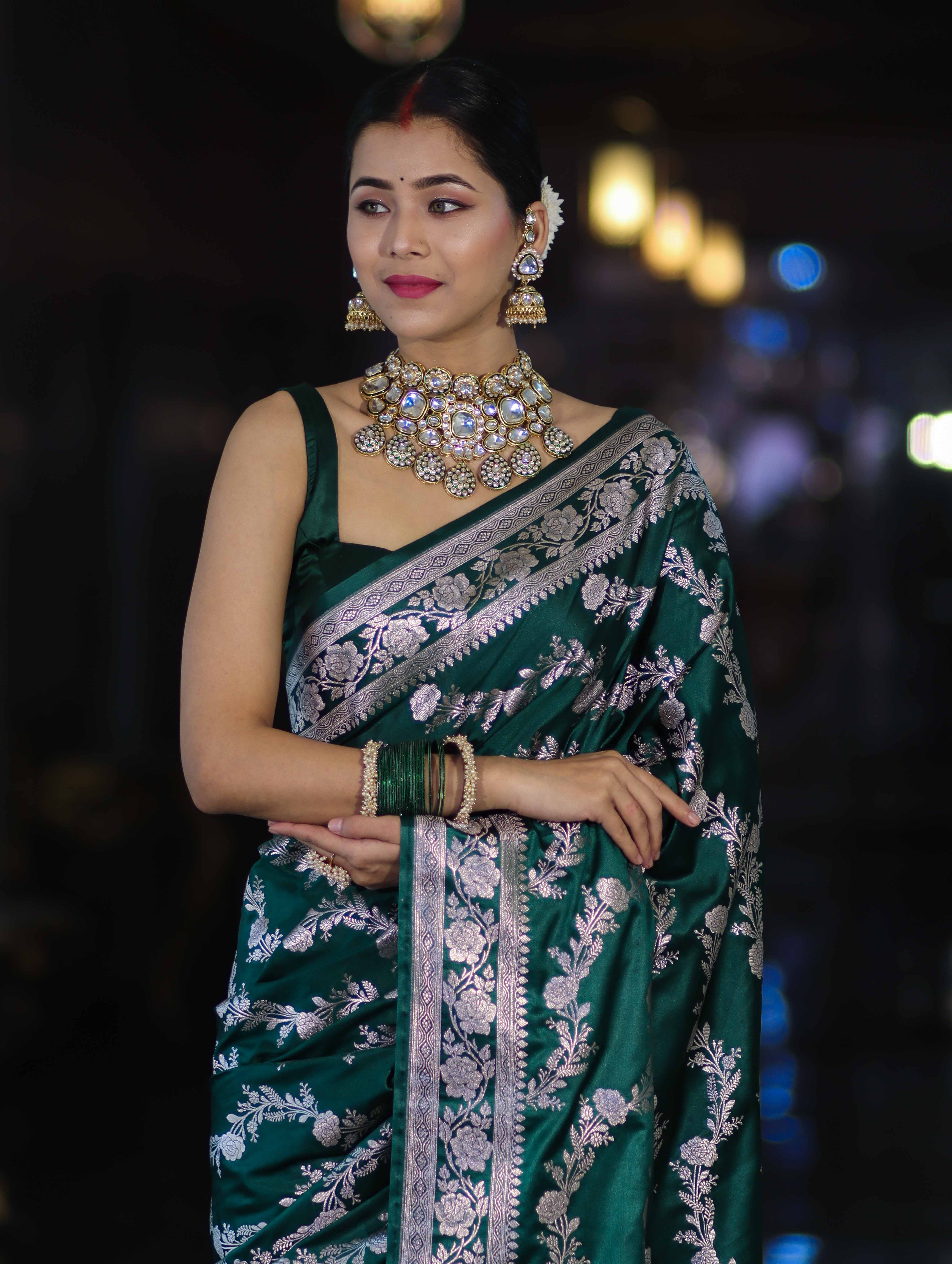 Banarasee Handloom Mashru Silk Saree With Zari Work & Floral Border-Deep Green