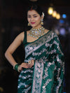 Banarasee Handloom Mashru Silk Saree With Zari Work & Floral Border-Deep Green