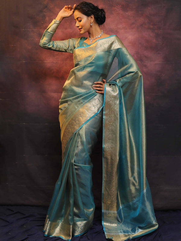 Banarasee Handwoven Plain Tissue Zari Border Saree-Blue